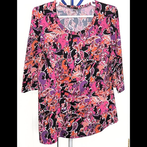 Avenue Tops - Impressionist AVENUE 18/20 1X Pink Purple, Orange & White Paisley Stretch Blouse